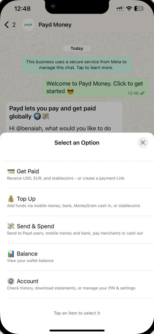 Payd start menu in WhatsApp
