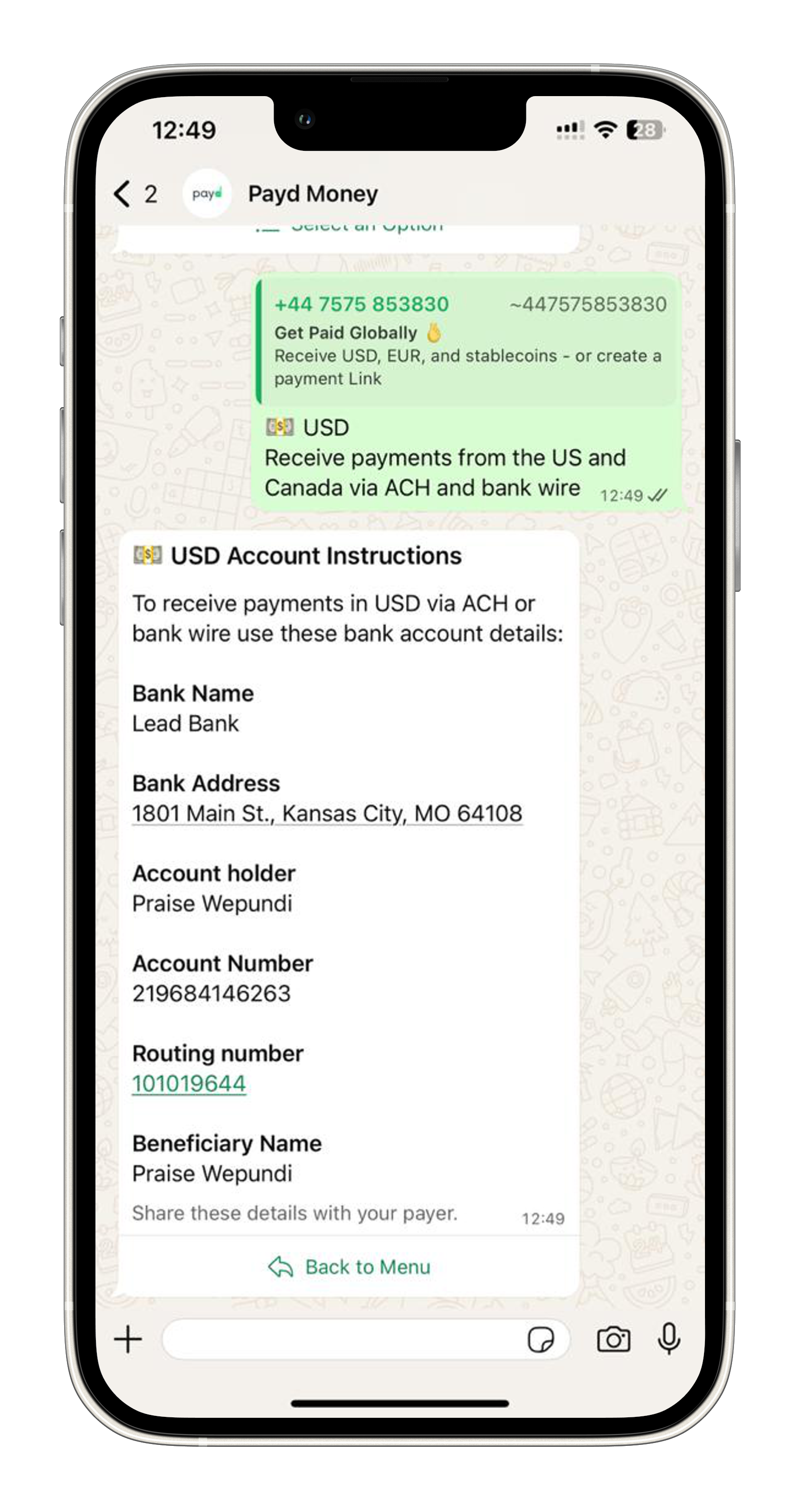 USD Account on WhatsApp