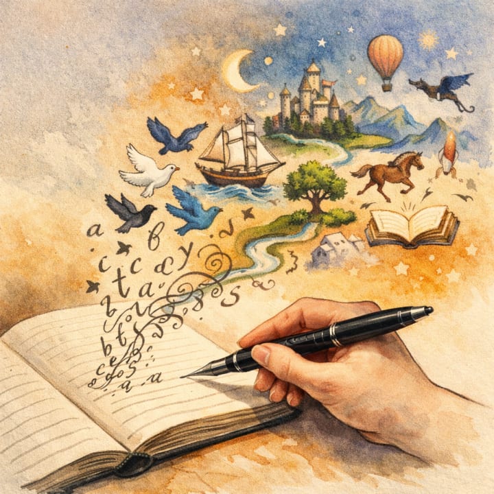 Words flowing from a pen into a world of imagination