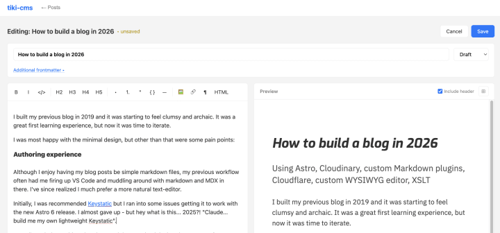 Picture of the custom WYSIWYG editor that Claude Code built