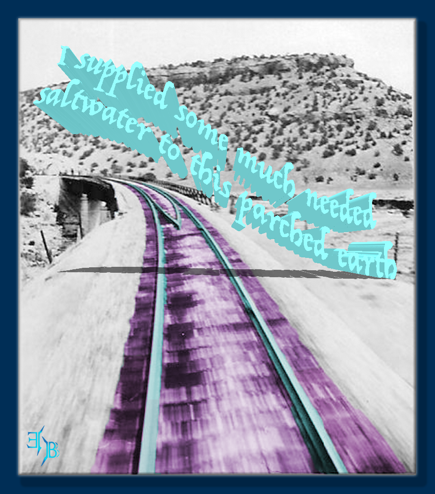 black and white photo of Lyric Art with desert and train tracks with purple and blue color