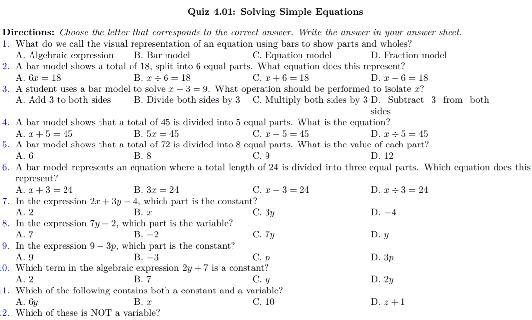Grade 7 Q4 Multiple-Choice Quizzes + Answer Keys