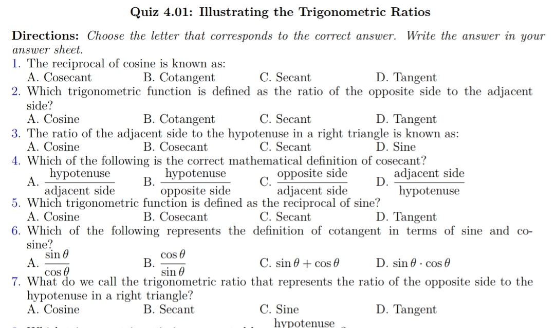 Grade 9 Q4 Multiple-Choice Quizzes + Answer Keys