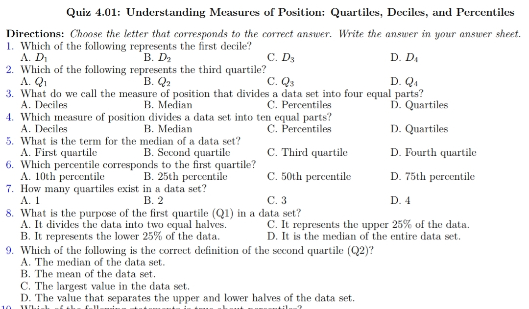 Grade 10 Q4 Multiple-Choice Quizzes + Answer Keys