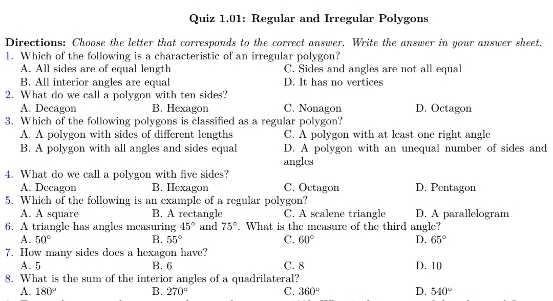 Grade 7 Q1 Multiple-Choice Quizzes + Answer Keys