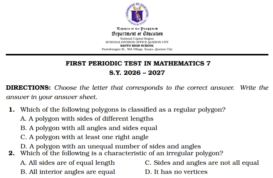 Grade 7 Q1 Periodic Test + TOS + Answer Key (Standard)