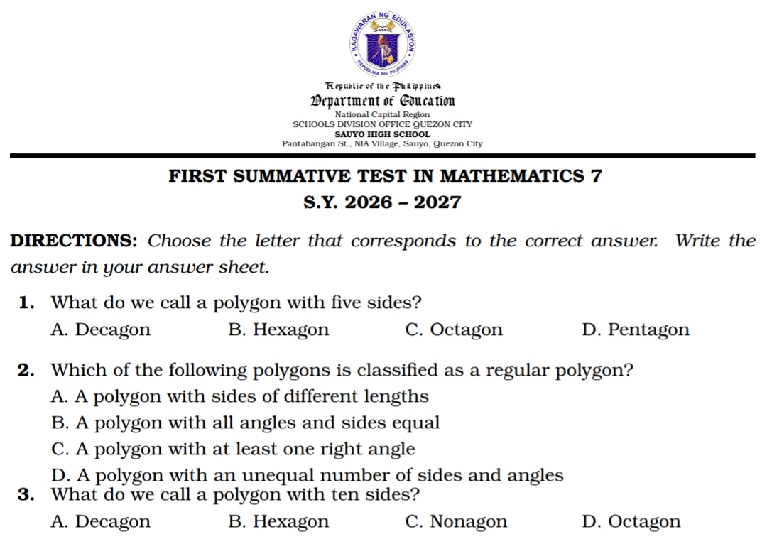 Grade 7 Q1 Summative Test + TOS + Answer Key (Premium)