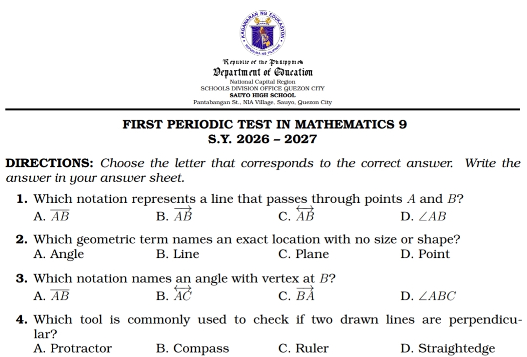 Grade 9 Q1 Periodic Test + TOS + Answer Key (Basic)