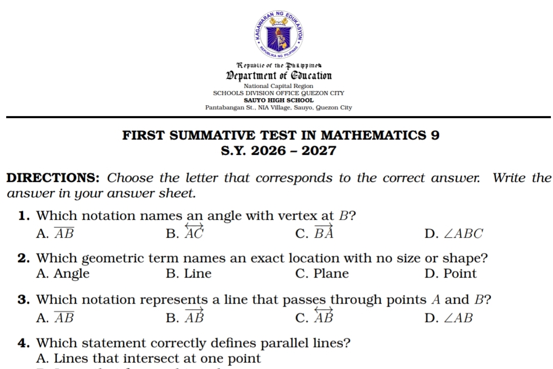 Grade 9 Q1 Summative Test + TOS + Answer Key (Basic)