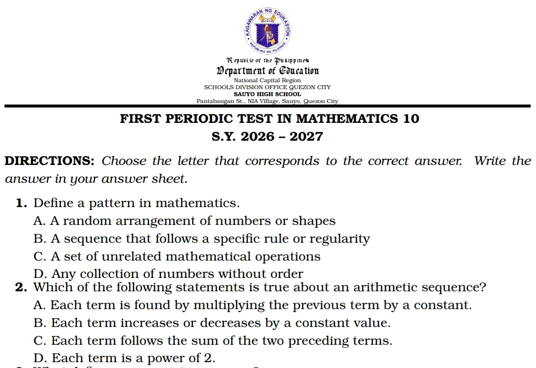 Grade 10 Q1 Periodic Test + TOS + Answer Key (Basic)