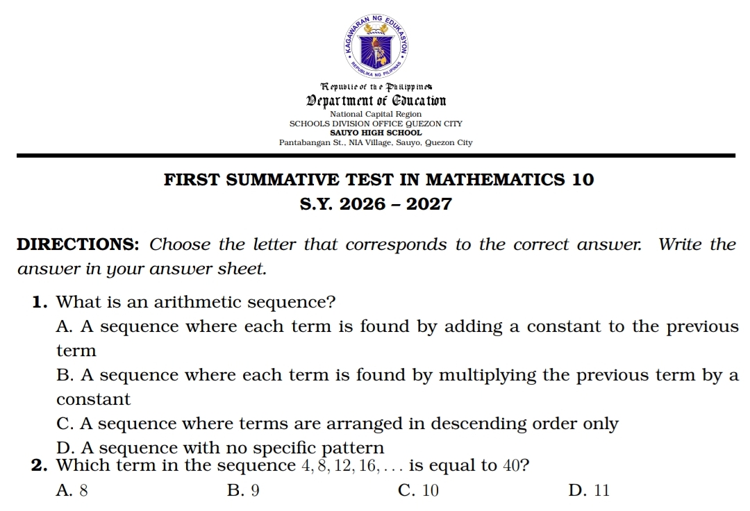 Grade 10 Q1 Summative Test + TOS + Answer Key (Standard)