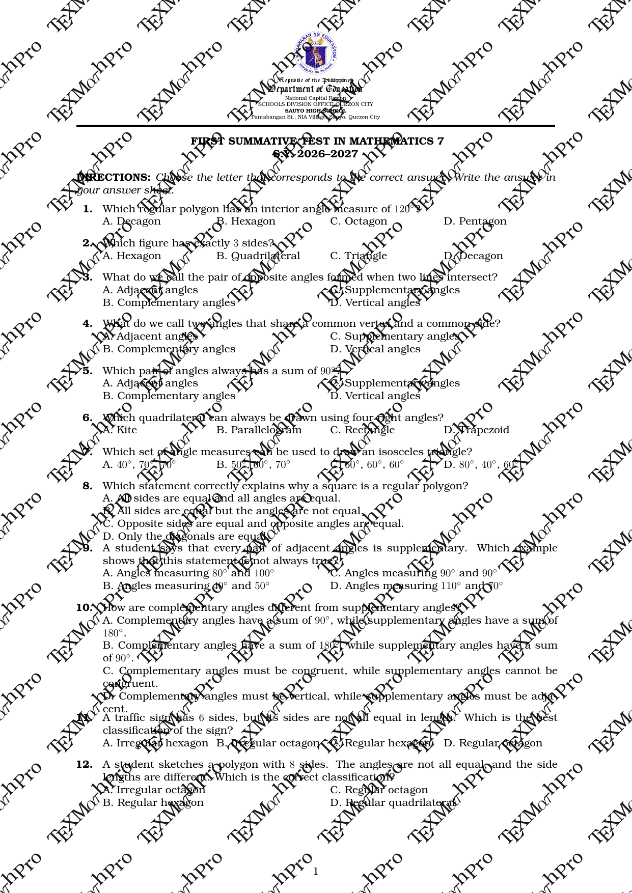 Grade 7 T1 First Summative Test + Answer Key (Basic)