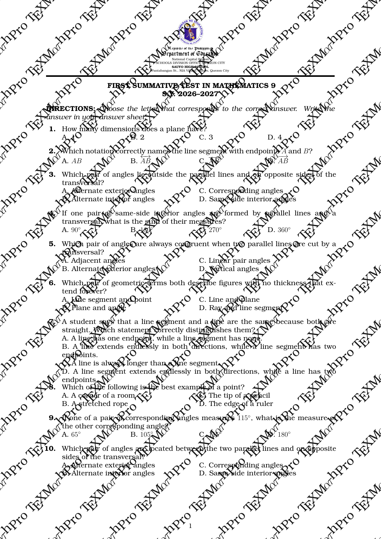 Grade 9 T1 First Summative Test + Answer Key (Basic)