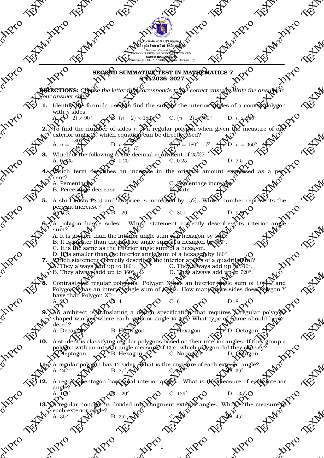 Grade 7 T1 Second Summative Test + Answer Key (Basic)