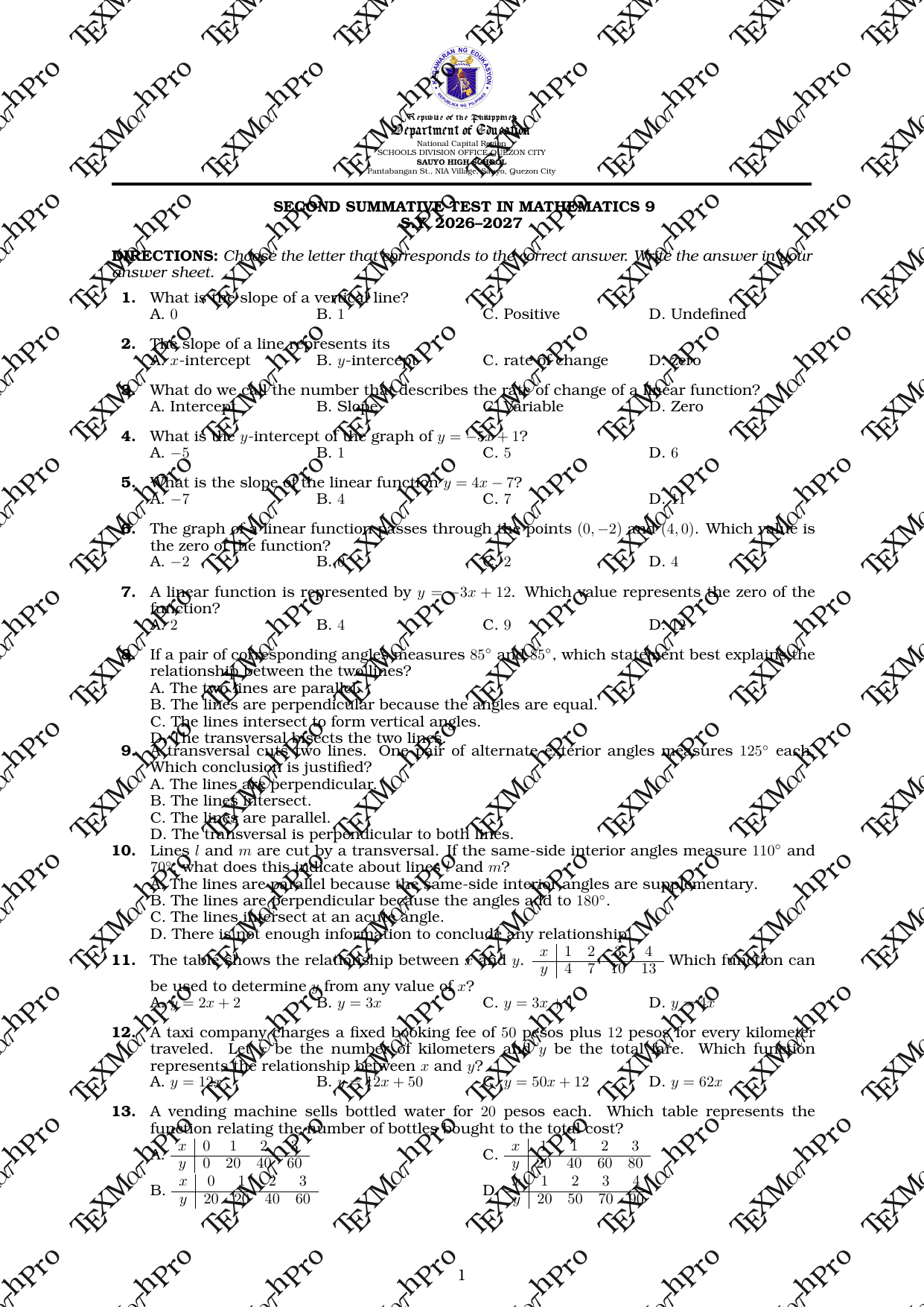Grade 9 T1 Second Summative Test + Answer Key + TOS (Standard)