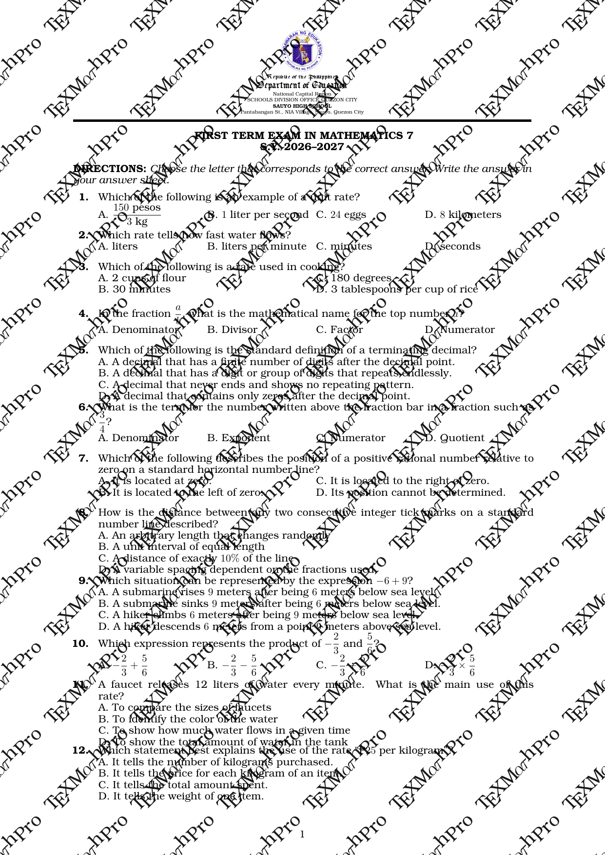 Grade 7 T1 Term Exam + Answer Key (Basic)