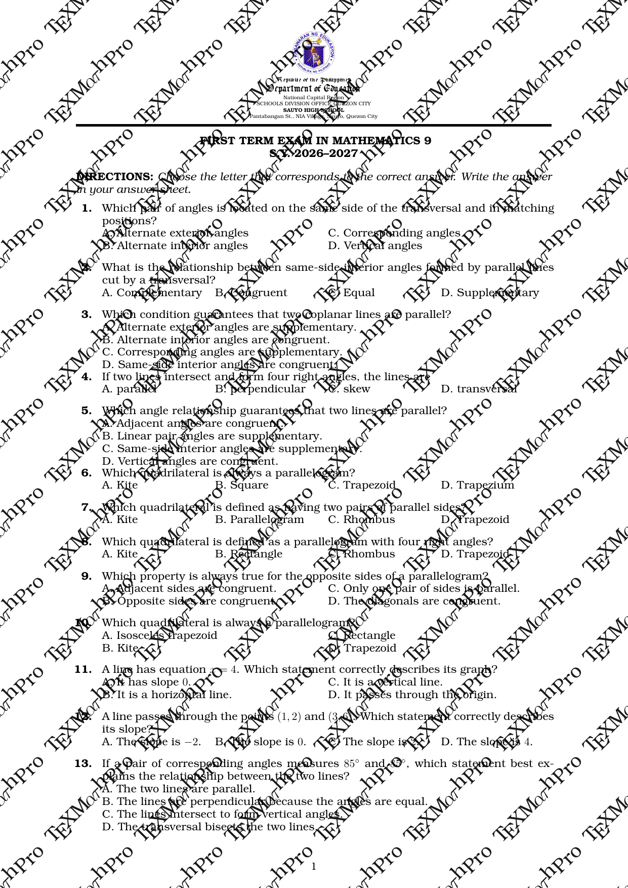 Grade 9 T1 Term Exam + TOS + Answer Key (Standard)