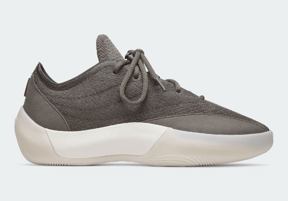 adidas Fear of God Athletics III Cinder 2026 side profile, charcoal grey suede upper with warm vanilla rope laces