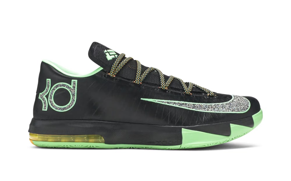 Nike KD 6 Night Vision 2026 IH3582-001 full lateral view, black upper with Lucid Green pixel accents