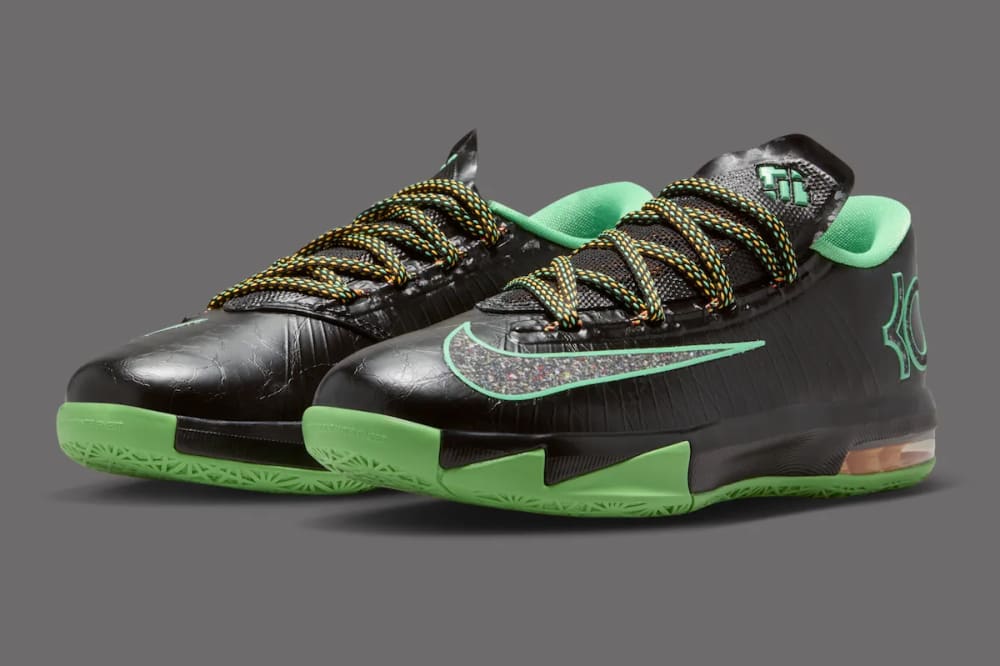 Nike KD 6 Night Vision 2026 Grade School colorway, same infrared pixel pattern on the Swoosh