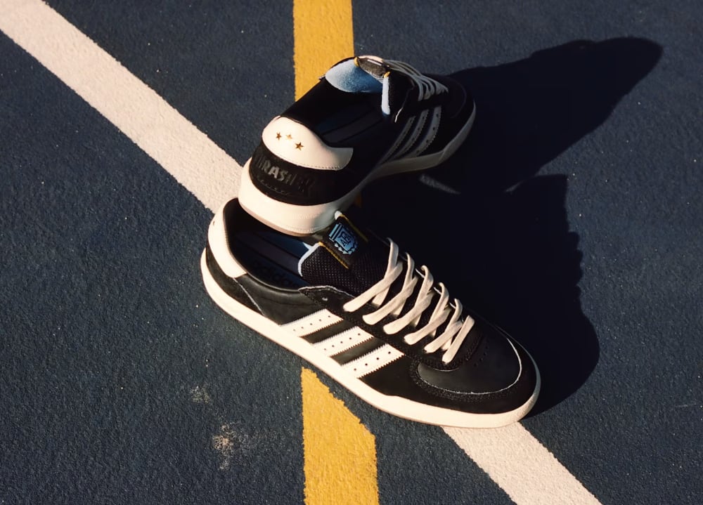 Thrasher x AFA x adidas Glenburn KH7384 World Cup 2026 - black suede upper with Sail Three Stripes off-body shot