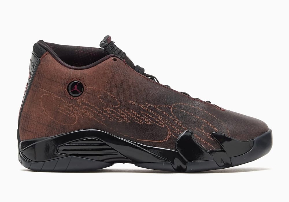 Mowalola Air Jordan 14 oversized script branding and Ferrari-inspired outsole detail