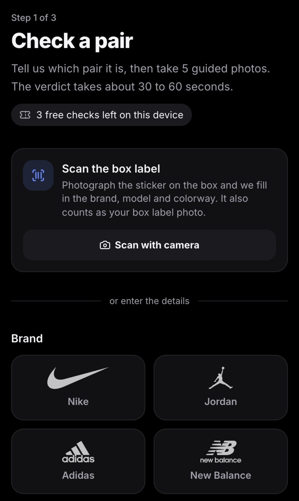 SneakerAuth check a pair screen on mobile with box label scan and Nike, Jordan, Adidas and New Balance brand picker