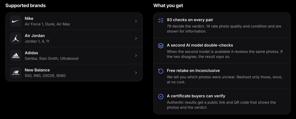 SneakerAuth supported brands list and what you get: 93 checks, second AI model, free retake and a verifiable certificate