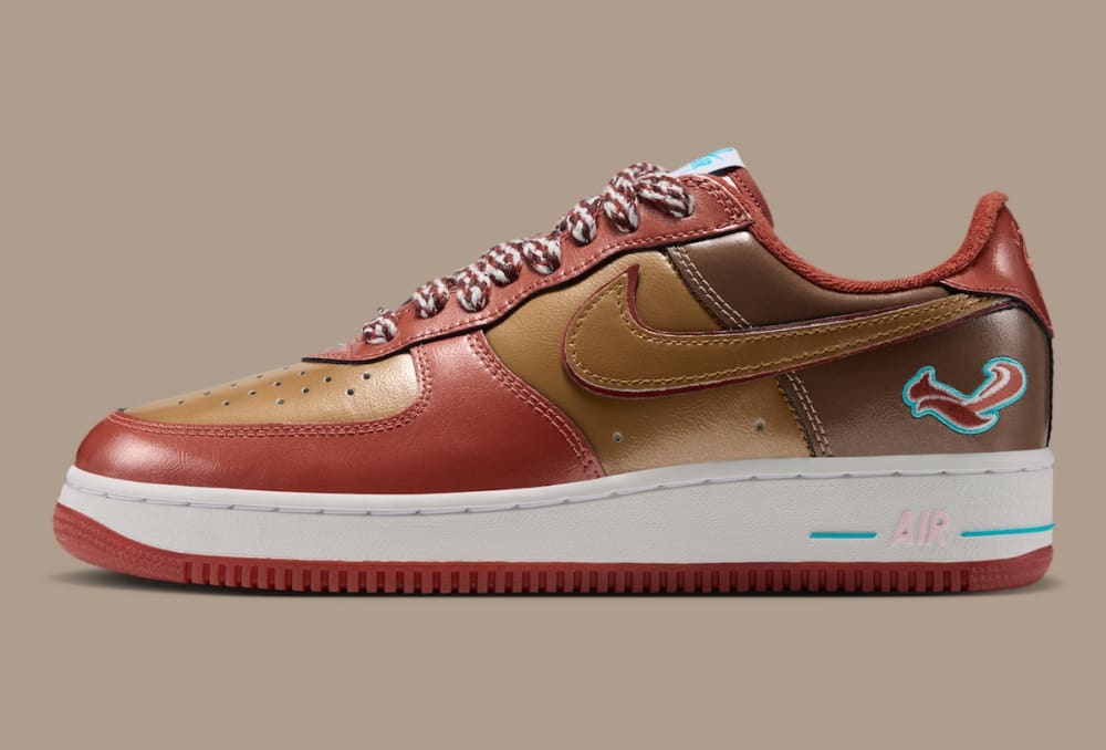 NIGO x j-hope Nike Air Force 1 '01 Burnt Sunrise IO8766-800 lateral side with embroidered squirrel on the heel