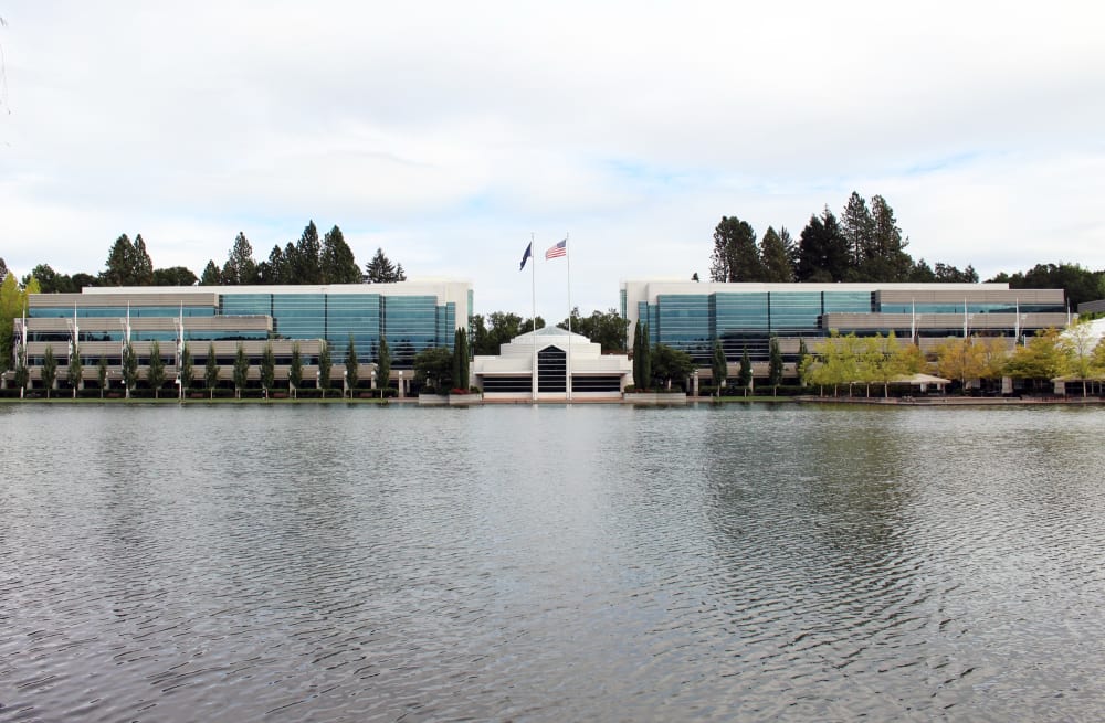 Nike world headquarters buildings across the lake in Beaverton, Oregon, home to the teams Nike is reorganising under its Pace programme