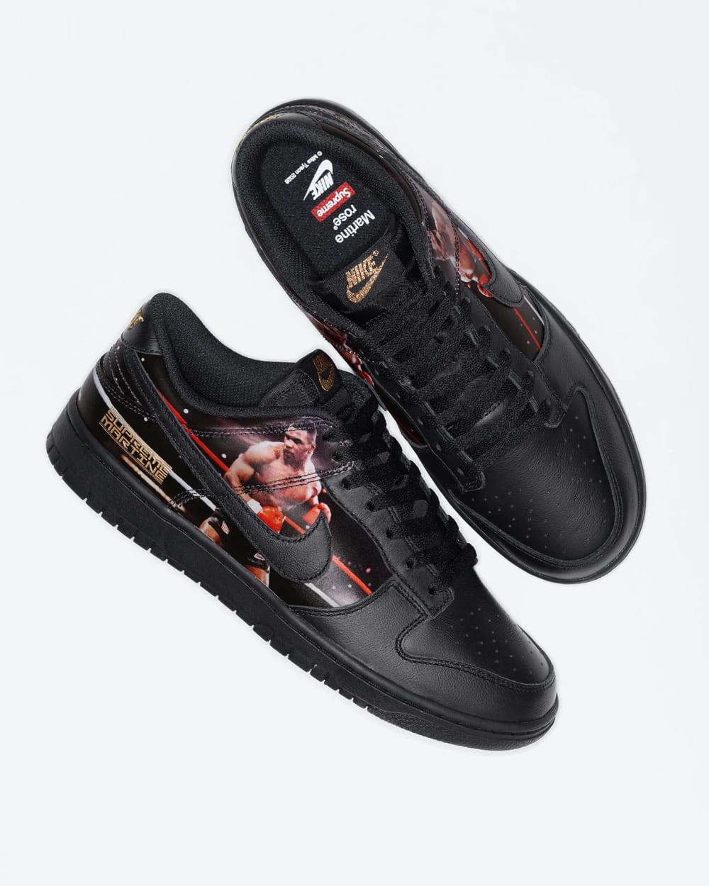 Supreme x Martine Rose x Nike Dunk Low Mike Tyson JA1868-001 black leather pair with printed boxing photo, 2026 release