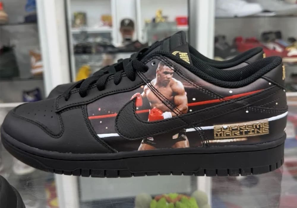Close look at the Supreme Martine Rose Nike Dunk Low Mike Tyson quarter panel photo and gold lettering, JA1868-001
