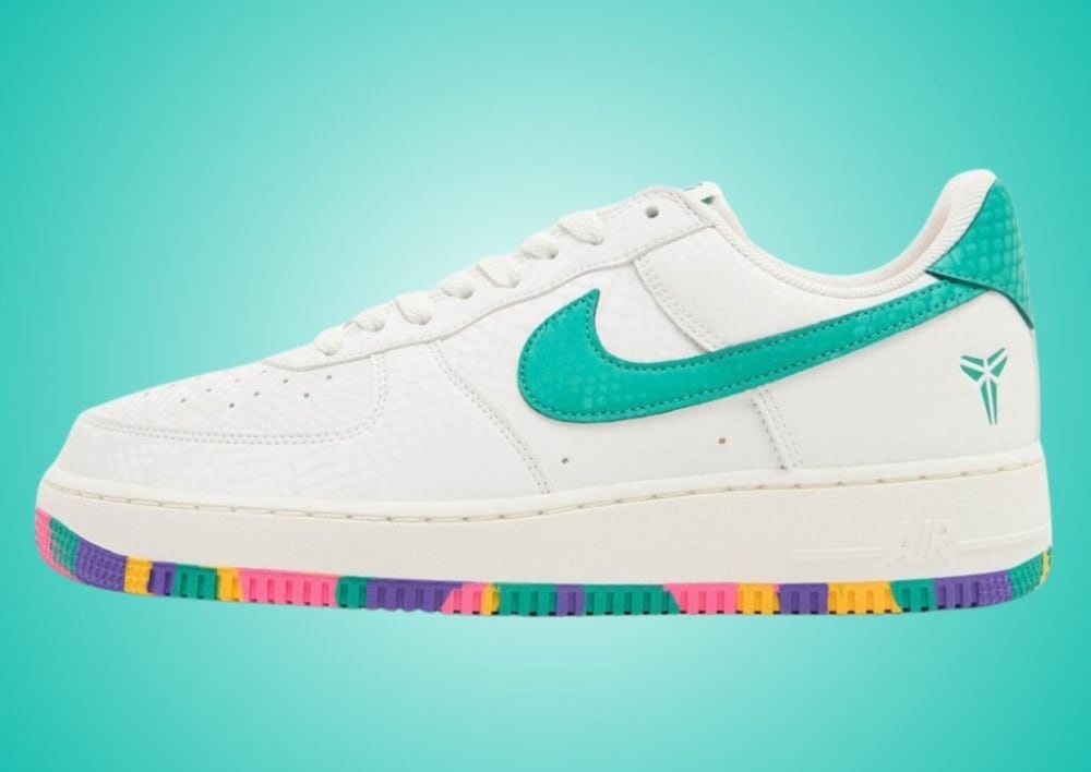 Kobe x Nike Air Force 1 Low Mamba Eterno IB0018-014 Sail snakeskin leather with Emerald Green Swoosh and confetti outsole