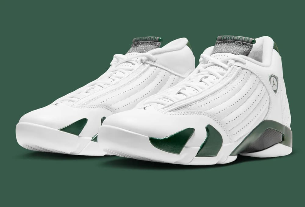 Air Jordan 14 Forest Green 487471-300 pair in white leather with green midsole, 2026 retro