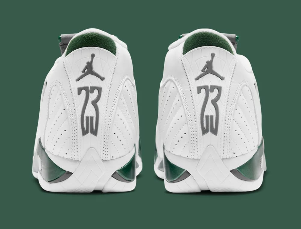 Air Jordan 14 Forest Green heel view showing Jumpman and 23 branding on white leather