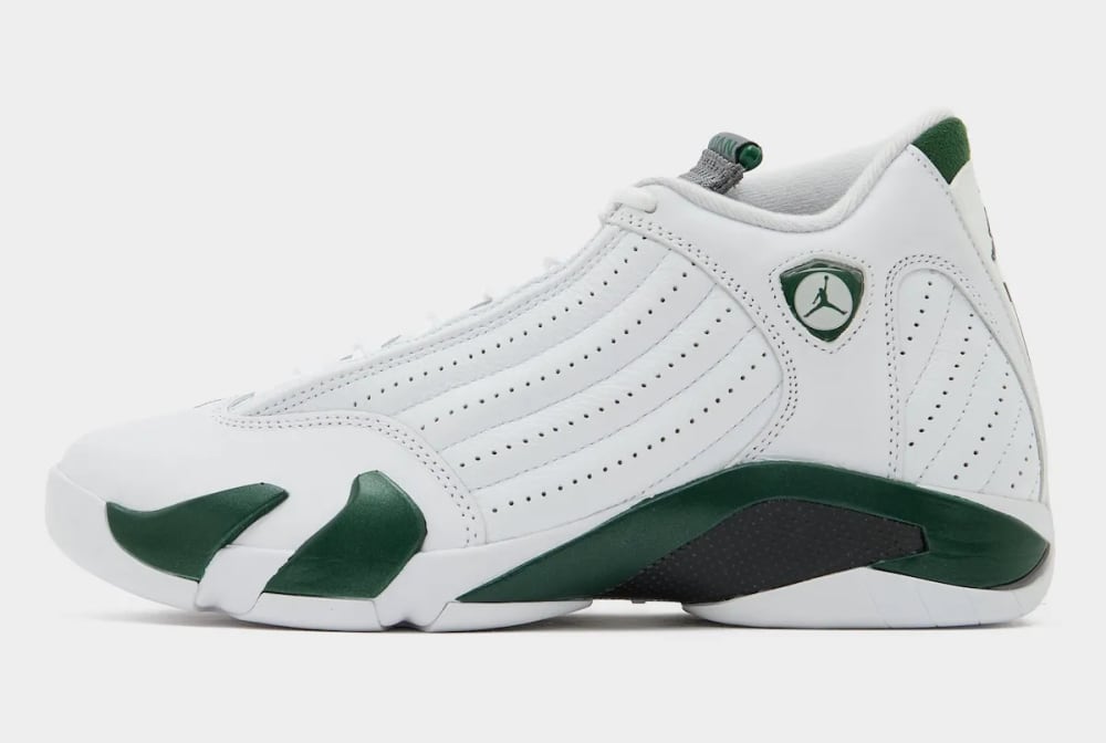 Air Jordan 14 Forest Green 2026 side profile with perforated panels and green shield logo