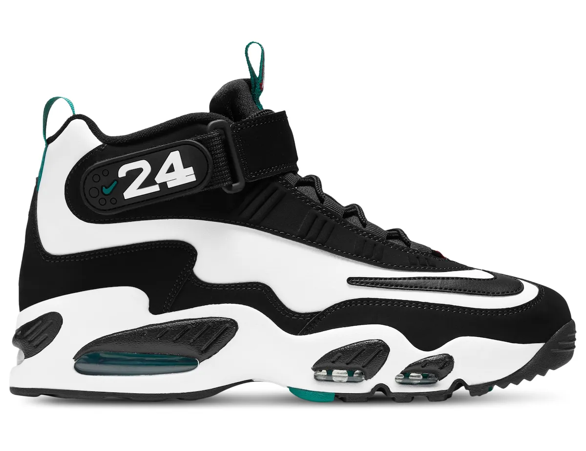 Nike Air Griffey Max 1 Freshwater DD8558-100 side profile showing teal midsole and number 24 strap