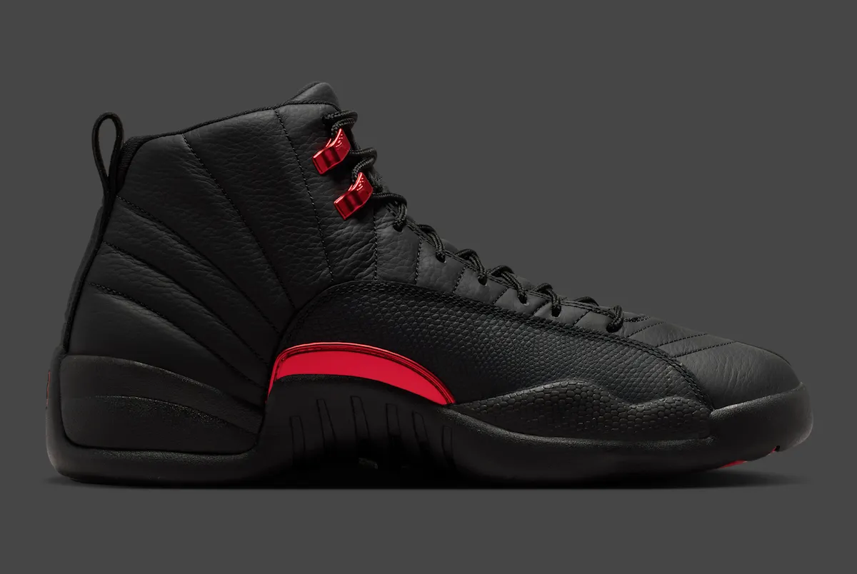 Air Jordan 12 Bloodline CT8013-003 black tumbled leather upper with varsity red eyelets detail