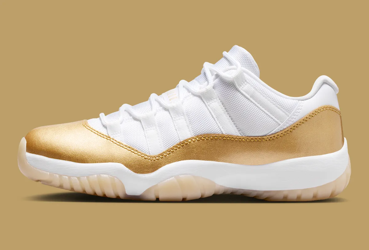 Air Jordan 11 Low Mother's Day 2026 white mesh upper with metallic gold mudguard lateral view