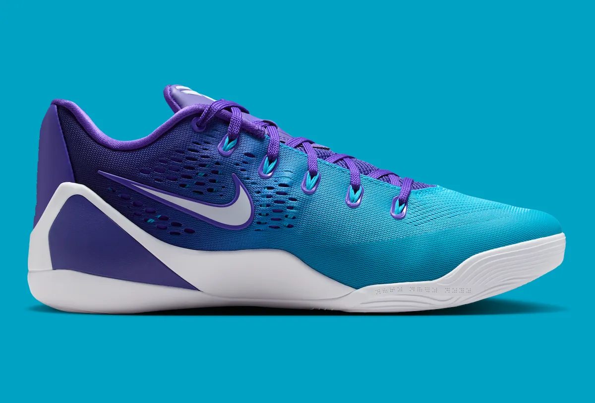 Nike Kobe 9 Elite Low EM Protro Draft Day detail shot showing gradient from Fierce Purple to Blue Lagoon