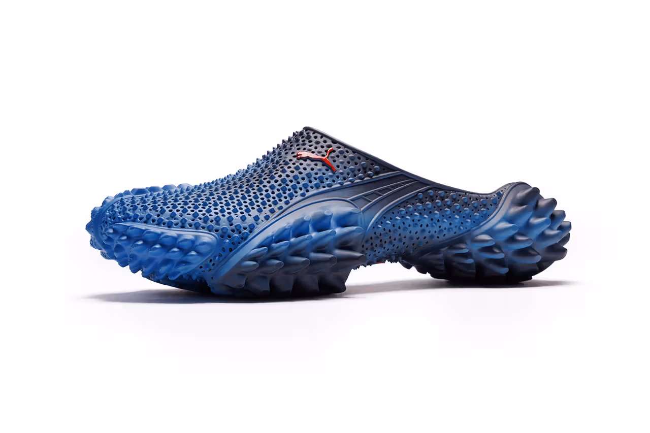 A$AP Rocky x PUMA Mostro 3.D Mule Blue Glimmer colorway, 3D-printed upper with external spikes detail