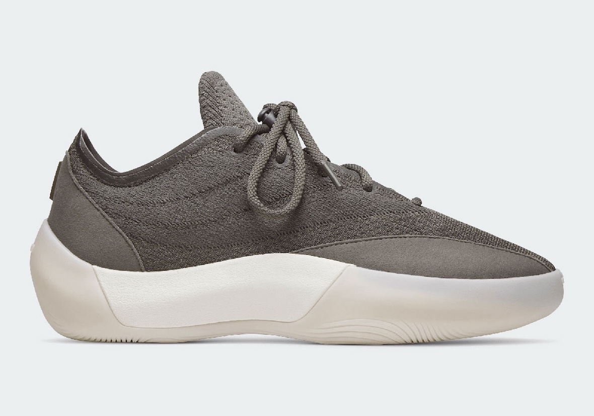 adidas Fear of God Athletics III Cinder 2026 side profile, charcoal grey suede upper with warm vanilla rope laces