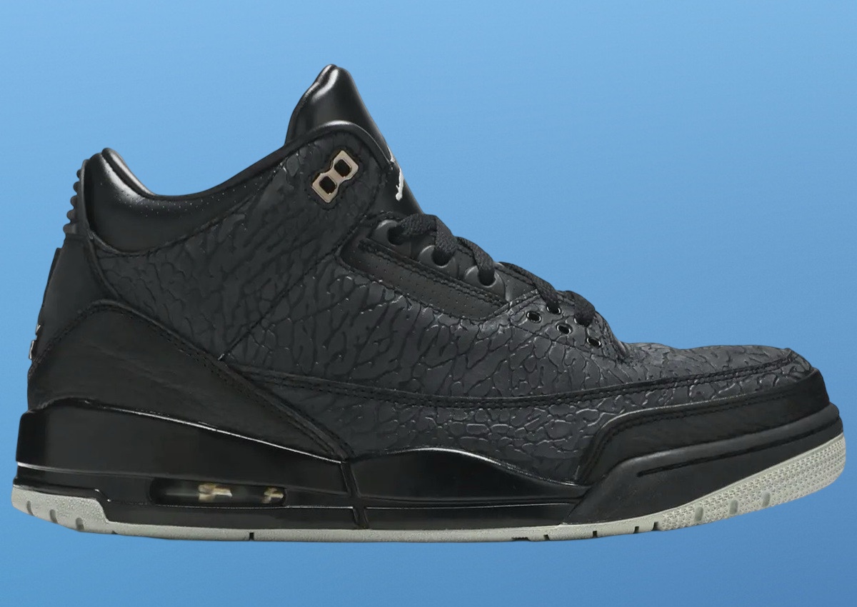 Air Jordan 3 Black Flip lateral view showing elephant print upper with metallic silver accents