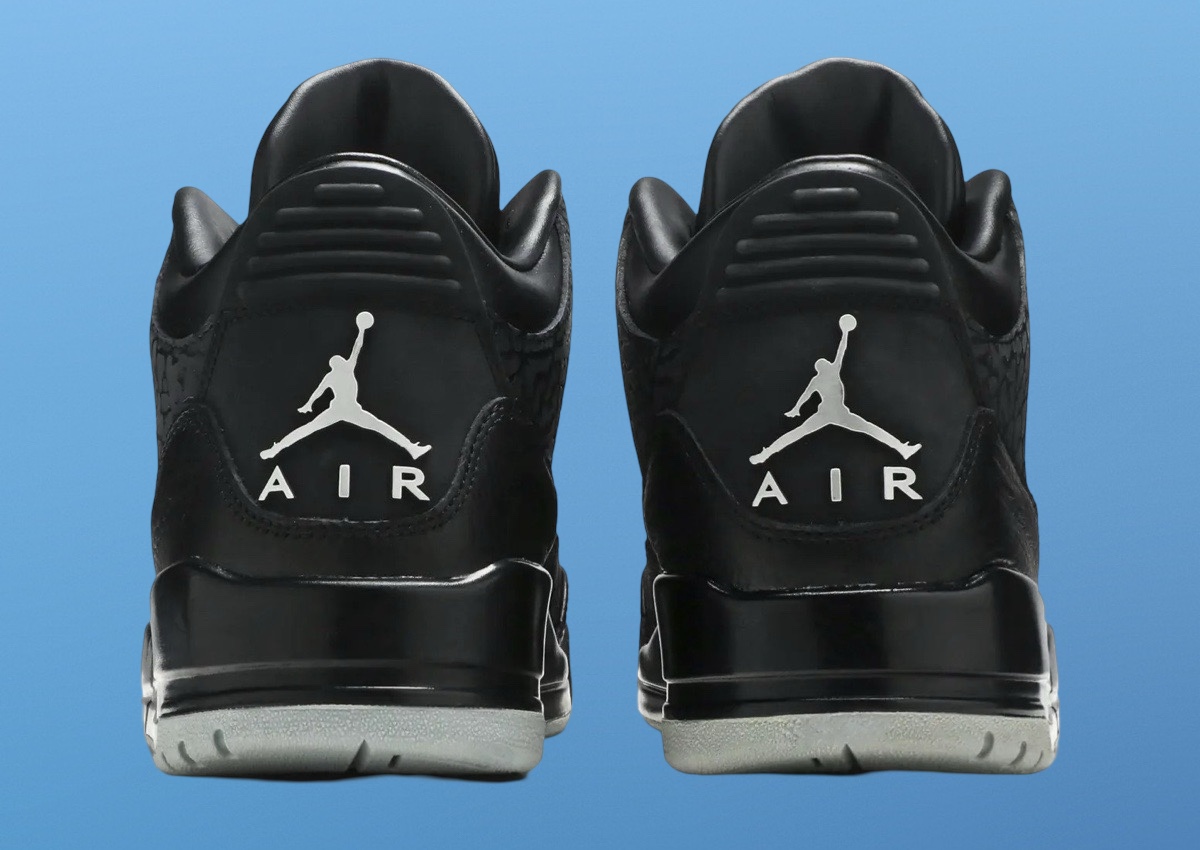 Air Jordan 3 Black Flip heel view with metallic silver Jumpman logo and elephant print across the upper