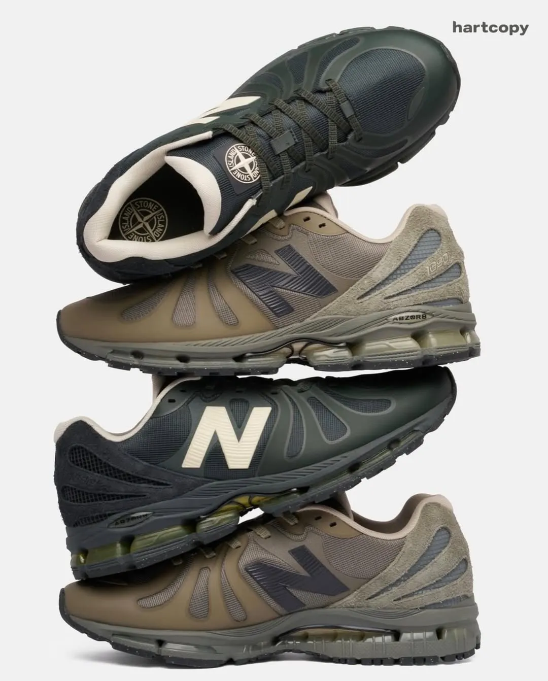 Stone Island x New Balance 1890 Olive Charcoal Cream colourway pack shot 2026