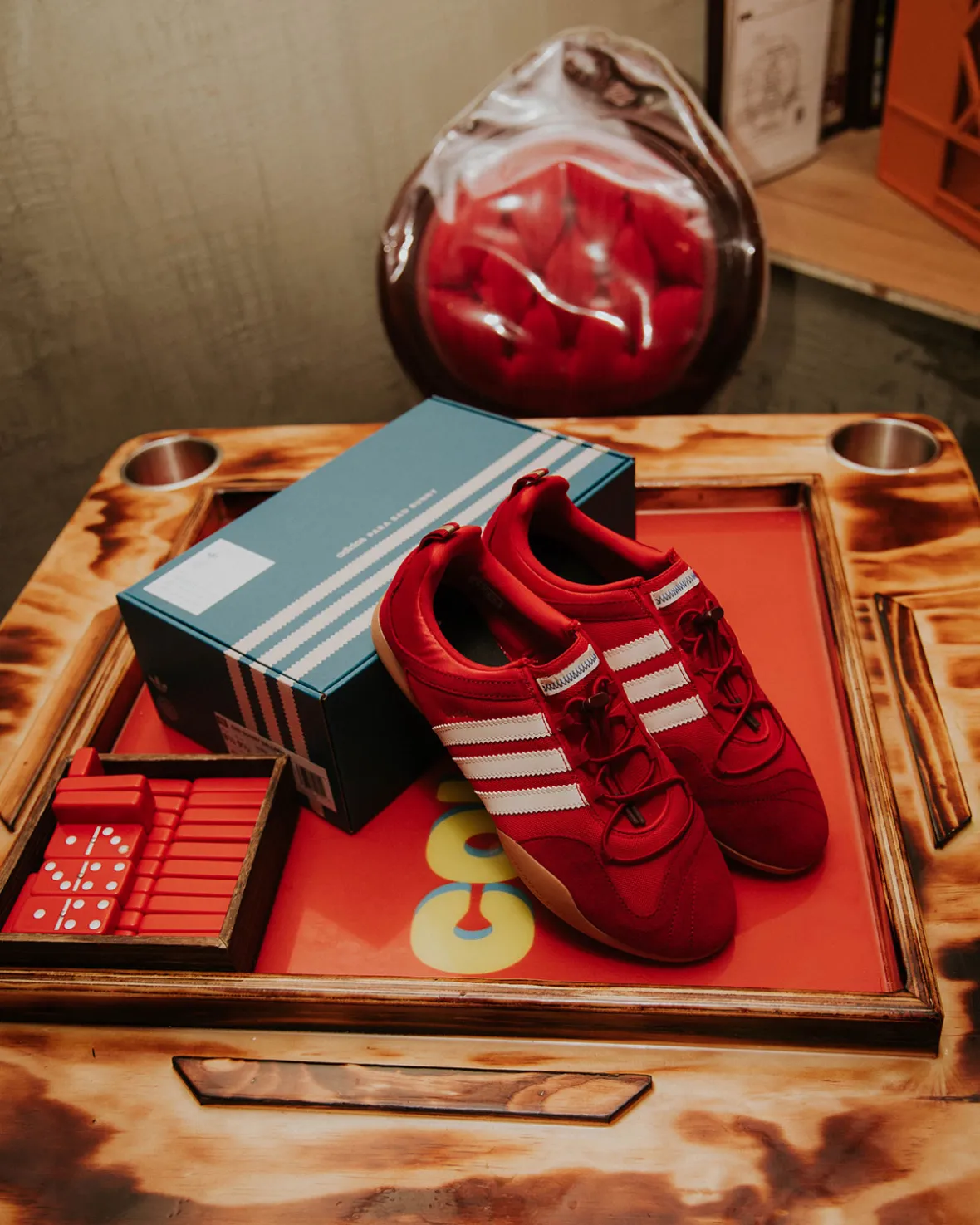 Bad Bunny adidas Ballerina Flamboyan Vivid Red KI7916 side profile with Three Stripes and bungee laces 2026