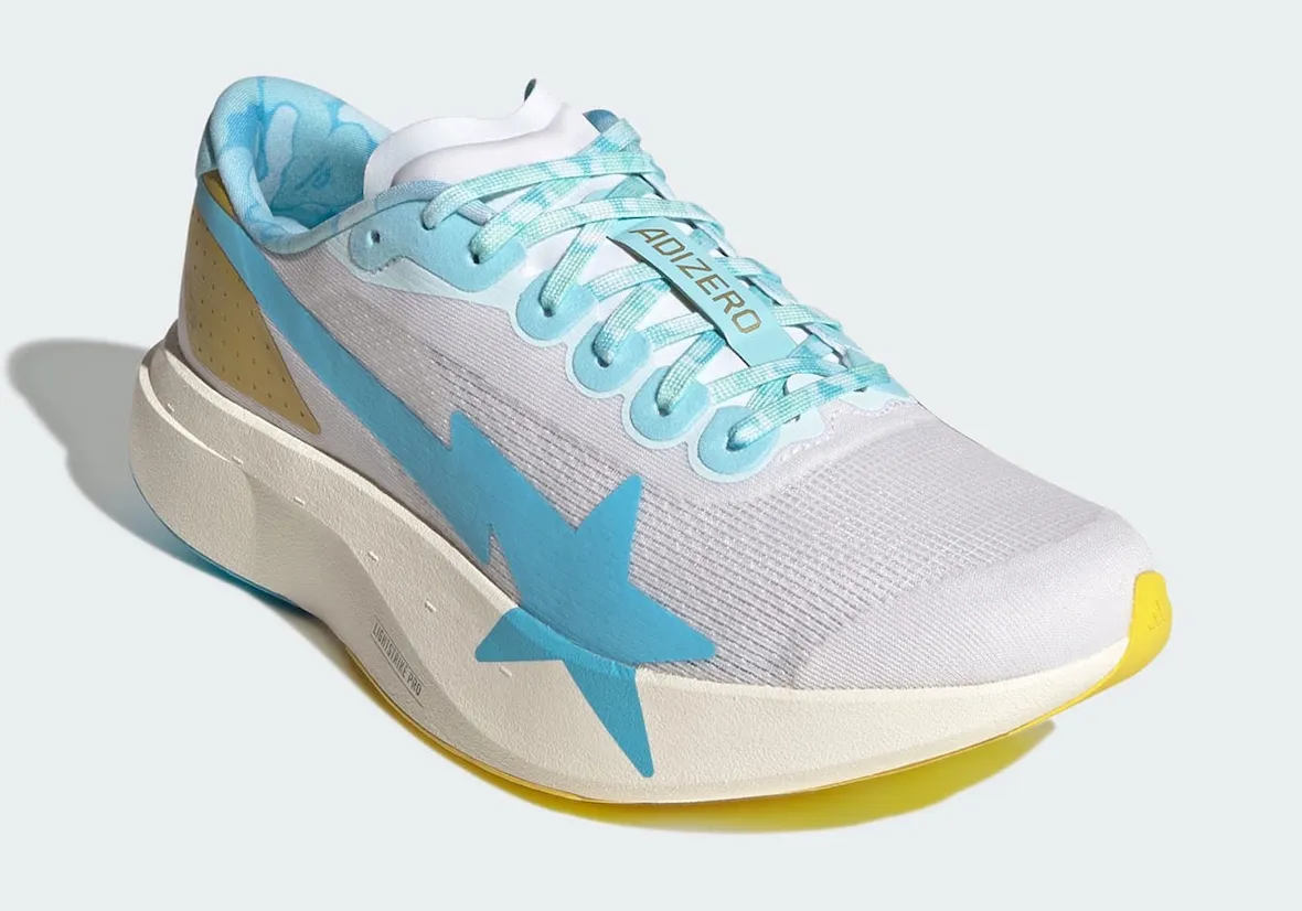 BAPE x adidas Adizero EVO SL KJ5751 white gold pink blue mismatched pair lateral view 2026