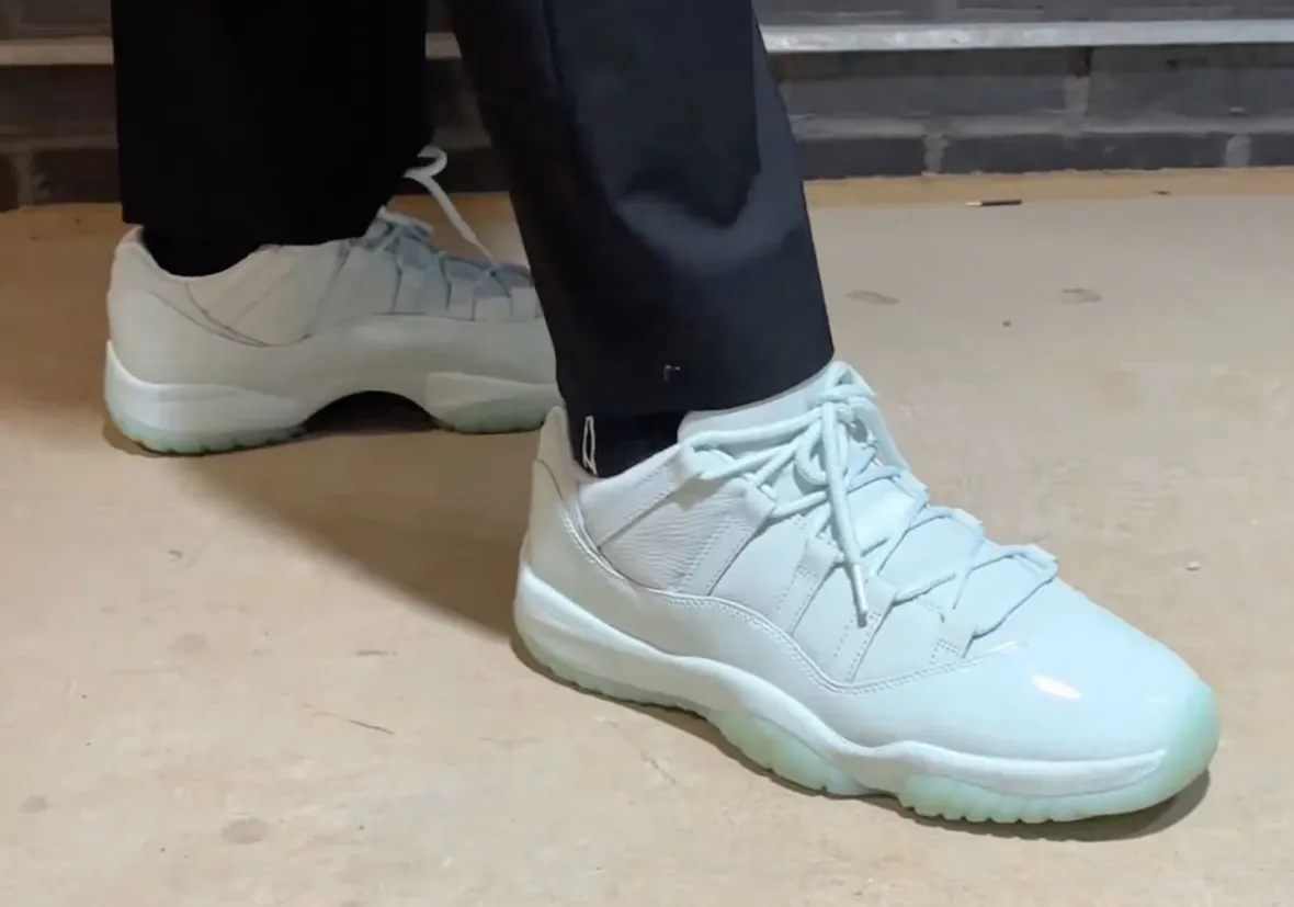 JAIDE x Air Jordan 11 Low Fiberglass on-feet lifestyle shot icy translucent outsole mint 2026