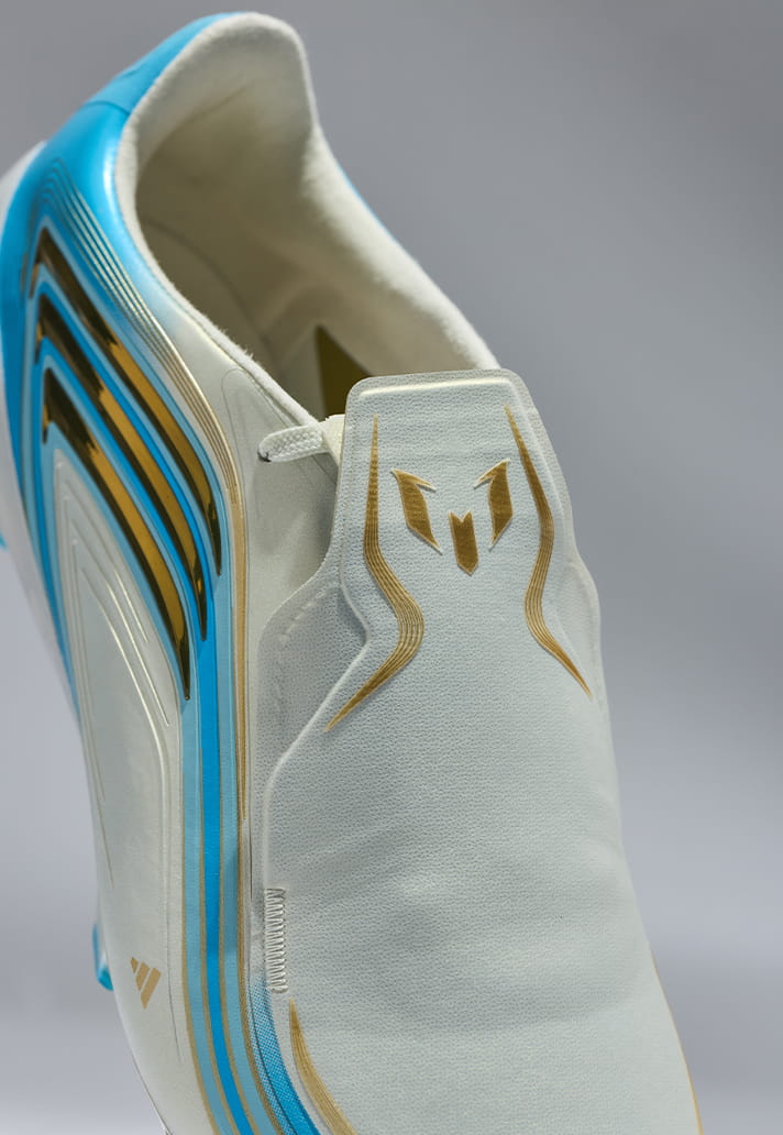 Adidas F50 El Ultimo Tango football boot — ivory semi blue icey blue gold colourway, Messi farewell World Cup 2026