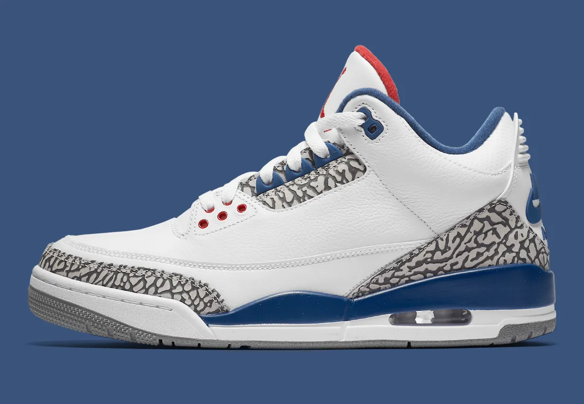 Air Jordan 3 OG True Blue 2026 IF4396-102 white leather Varsity Red Cement Grey Elephant print lateral view